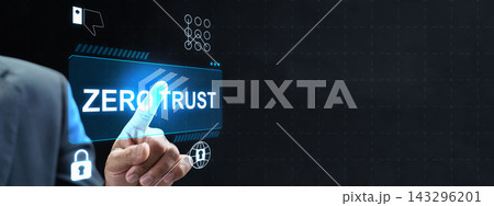 Businessman touching Zero Trust button on futuristic virtual screen. Cyber security architecture, data protection, network safety, and access control with copy space. Cybersecurity Concept 143296201