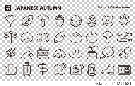 Icon set for Japanese autumn, leaf viewing, and leisure activities (thin lines, vector materials) - Japanese events, Japanese culture materials Icon set for Japanese autumn, leaf viewing, and leisure activities (thin lines, vector materials) - Japanese events, Japanese culture materials 143296681
