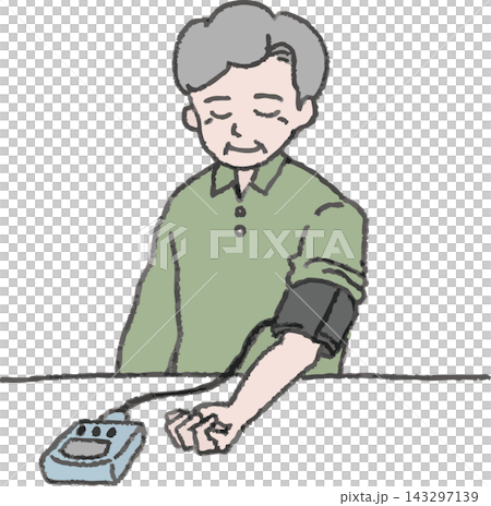 一幅全彩插圖,描繪了一位老人正在用血壓計測量血壓,採用手繪風格(老年人、健康管理、高血壓預防)。 一幅全彩插圖,描繪了一位老人正在用血壓計測量血壓,採用手繪風格(老年人、健康管理、高血壓預防)。 143297139