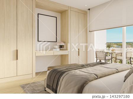 modern bedroom with wooden bed modern bedroom with wooden bed 143297180