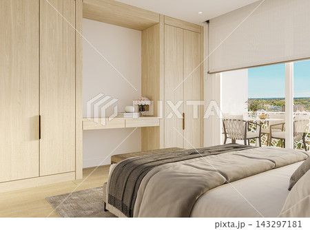 modern bedroom with wooden bed modern bedroom with wooden bed 143297181