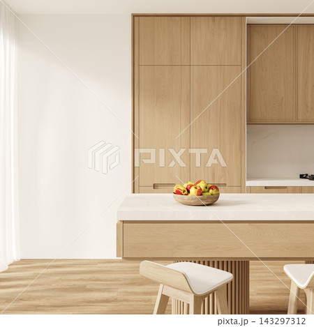 modern kitchen interior with wooden table 143297312
