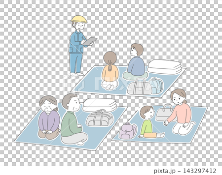 描繪疏散中心居民和支持者的插圖。 描繪疏散中心居民和支持者的插圖。 143297412
