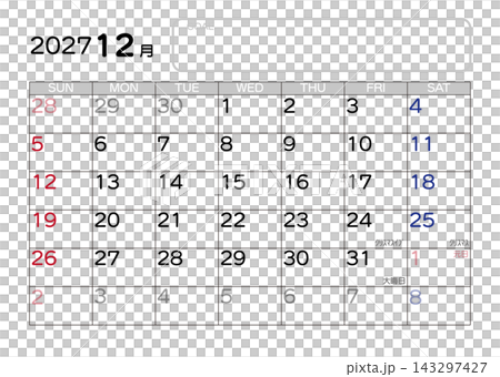 2027年曆 - 12月 - 星期日開始 143297427