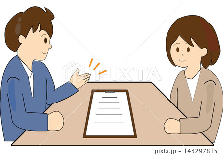 書類を見ながら説明・相談する男女のイラスト 143297815