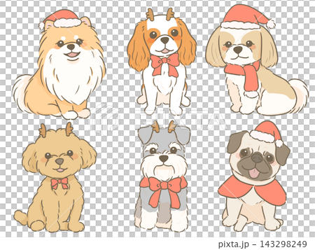 A hand-drawn illustration of six dogs wearing Christmas costumes (Santa hats, reindeer antlers). A hand-drawn illustration of six dogs wearing Christmas costumes (Santa hats, reindeer antlers). 143298249