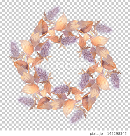 Watercolor wreath of dried leaves and thistle seed heads in muted orange and lavender tones, circular botanical frame with central negative space for lettering, soft brushstroke texture Watercolor wreath of dried leaves and thistle seed heads in muted orange and lavender tones, circular botanical frame with central negative space for lettering, soft brushstroke texture 143298345