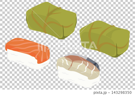 柿の葉寿司のイラストセット(鮭・鯖・包み) 柿の葉寿司のイラストセット(鮭・鯖・包み) 143298350
