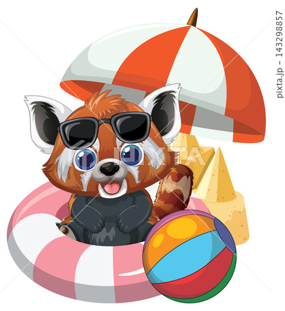Cute Red Panda Character Relaxing with Beach Accessories Vector Illustration 143298857