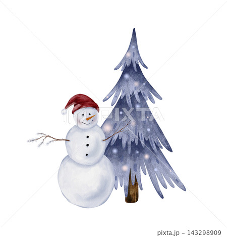 Hand painted watercolor Christmas template with snowman in a red pompom hat beside a blue fir tree with glowing lights and falling snow, dusty blue palette, copy space on the left, white background. Hand painted watercolor Christmas template with snowman in a red pompom hat beside a blue fir tree with glowing lights and falling snow, dusty blue palette, copy space on the left, white background. 143298909