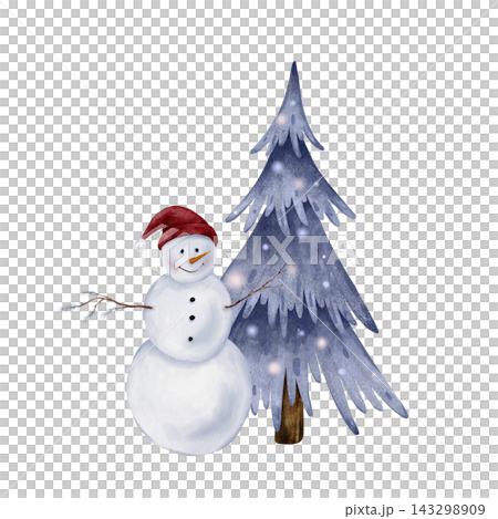 Hand painted watercolor Christmas template with snowman in a red pompom hat beside a blue fir tree with glowing lights and falling snow, dusty blue palette, copy space on the left, white background. Hand painted watercolor Christmas template with snowman in a red pompom hat beside a blue fir tree with glowing lights and falling snow, dusty blue palette, copy space on the left, white background. 143298909