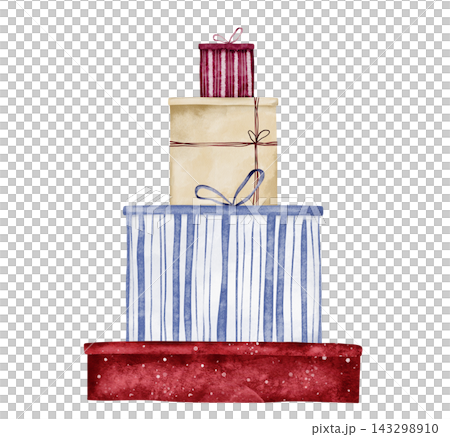 Hand painted watercolor tower of four stacked gift boxes in burgundy striped, dusty blue striped and dark red polka dot wrapping. Present pile for birthday, Christmas and celebration cards. Hand painted watercolor tower of four stacked gift boxes in burgundy striped, dusty blue striped and dark red polka dot wrapping. Present pile for birthday, Christmas and celebration cards. 143298910