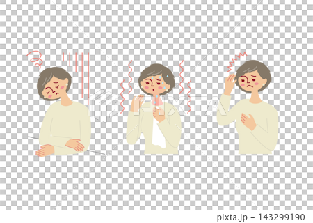 An illustration of a woman in her 50s suffering from menopausal symptoms. An illustration of a woman in her 50s suffering from menopausal symptoms. 143299190