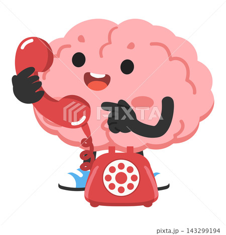 Cute Brain Character Talking on Vintage Red Telephone for Mental Health Support or Helpline Concept Cute Brain Character Talking on Vintage Red Telephone for Mental Health Support or Helpline Concept 143299194