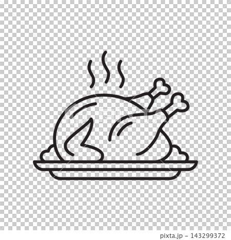 A simple black and white outline icon of a hot cooked roasted turkey served on a platter for Thanksgiving dinner. A simple black and white outline icon of a hot cooked roasted turkey served on a platter for Thanksgiving dinner. 143299372