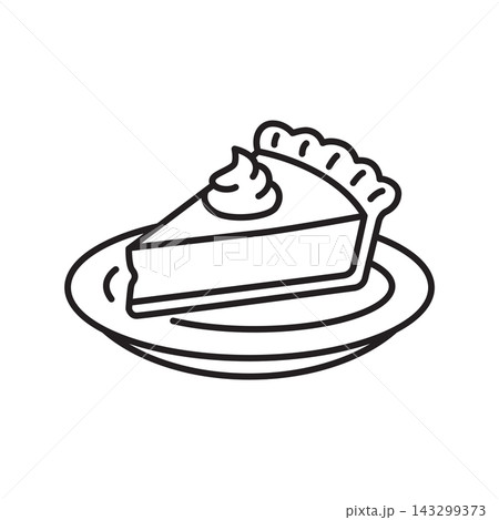 A simple black and white outline icon of a slice of pie topped with whipped cream on a plate. A simple black and white outline icon of a slice of pie topped with whipped cream on a plate. 143299373