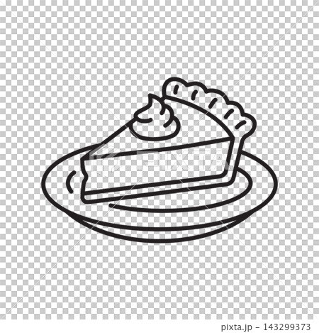 A simple black and white outline icon of a slice of pie topped with whipped cream on a plate. A simple black and white outline icon of a slice of pie topped with whipped cream on a plate. 143299373