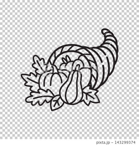 A simple black and white outline icon of a traditional cornucopia filled with autumn vegetables and fruits. A simple black and white outline icon of a traditional cornucopia filled with autumn vegetables and fruits. 143299374