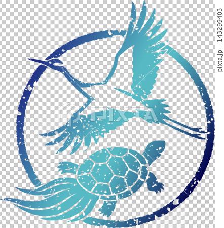 A stamp featuring a Japanese-style illustration of a crane and a turtle, with beautiful gradation. 143299403