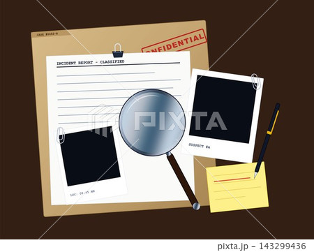 Confidential detective investigation report with magnifying glass and evidence photos Confidential detective investigation report with magnifying glass and evidence photos 143299436