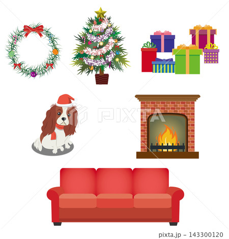 クリスマスモチーフイラストセット(ツリー・リース・プレゼント・サンタ犬・暖炉・ソファ) クリスマスモチーフイラストセット(ツリー・リース・プレゼント・サンタ犬・暖炉・ソファ) 143300120
