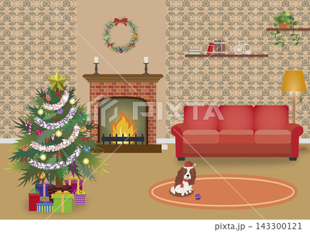 暖炉とツリーのある暖かいクリスマスのリビング風景背景イラスト(赤いソファ・犬・プレゼント) 暖炉とツリーのある暖かいクリスマスのリビング風景背景イラスト(赤いソファ・犬・プレゼント) 143300121