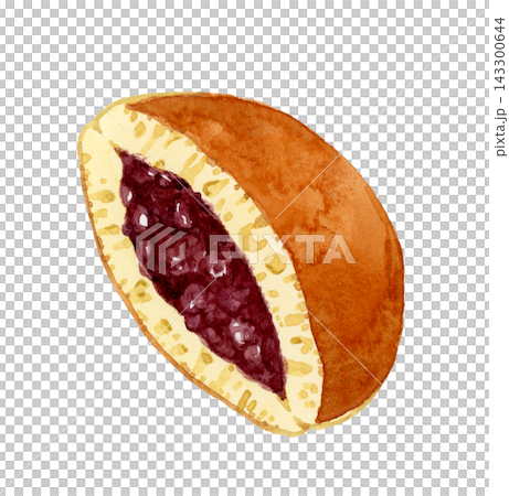 半分にカットしたどら焼き　手描き水彩イラスト素材 143300644
