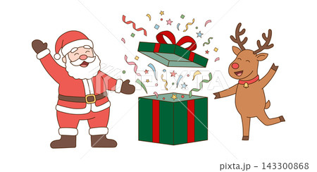 プレゼントを開けて大喜びするサンタクロースとトナカイのクリスマスイラスト プレゼントを開けて大喜びするサンタクロースとトナカイのクリスマスイラスト 143300868