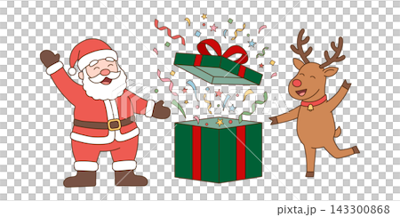 プレゼントを開けて大喜びするサンタクロースとトナカイのクリスマスイラスト プレゼントを開けて大喜びするサンタクロースとトナカイのクリスマスイラスト 143300868
