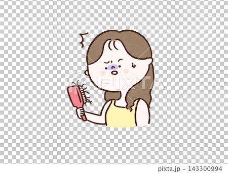一位女士震驚地發現她的髮刷上沾滿了頭髮（脫髮/頭髮稀疏）。 143300994