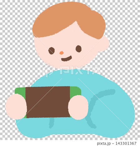 一幅描繪男孩玩電子遊戲日常生活的插圖。 143301367
