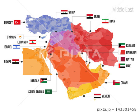 Middle East regional political map. Turkey, Cyprus, Syria, Lebanon, Israel, Egypt, Jordan, Saudi Arabia, Iraq, Iran, Kuwait, Bahrain, Qatar, UAE, Oman, Yemen Vector map with flags and country labels. 143301459