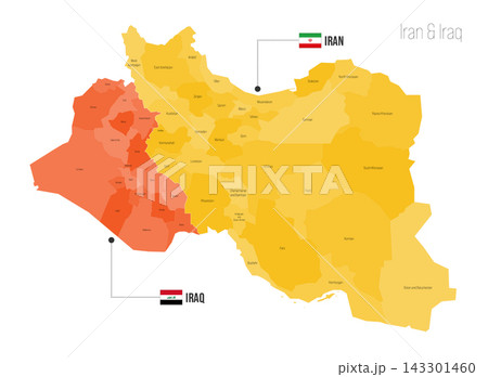 Iran and Iraq regional political map. Administrative divisions of Iran, Iraq Vector map isolated on white background with flags and country name labels. 143301460