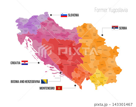 Former Yugoslavia regional political map. Divisions of Slovenia, Croatia, Bosnia and Herzegovina, Montenegro, Serbia Vector map isolated on white background with flags and country name labels. Former Yugoslavia regional political map. Divisions of Slovenia, Croatia, Bosnia and Herzegovina, Montenegro, Serbia Vector map isolated on white background with flags and country name labels. 143301467