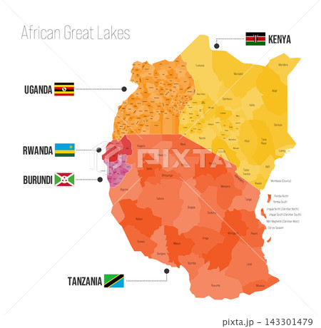 African Great Lakes regional political map. Administrative divisions of Uganda, Rwanda, Burundi, Tanzania, Kenya Vector map isolated on white background with flags and country name labels. African Great Lakes regional political map. Administrative divisions of Uganda, Rwanda, Burundi, Tanzania, Kenya Vector map isolated on white background with flags and country name labels. 143301479