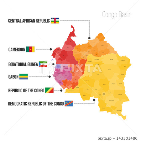 Congo Basin regional political map. Divisions of Central African Rep, Cameroon, Equatorial Guinea, Gabon, Congo, DR Congo Vector map isolated on white background with flags and country name labels. Congo Basin regional political map. Divisions of Central African Rep, Cameroon, Equatorial Guinea, Gabon, Congo, DR Congo Vector map isolated on white background with flags and country name labels. 143301480