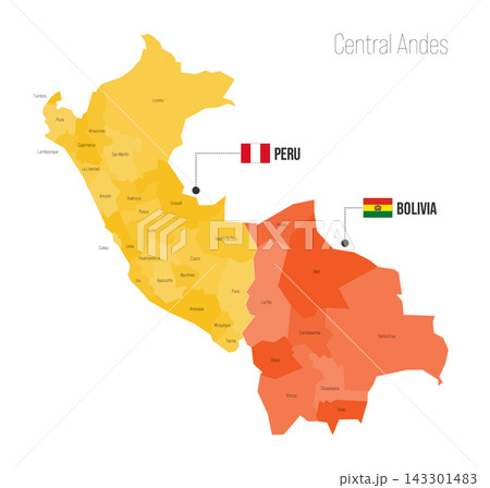 Central Andes regional political map. Administrative divisions of Peru, Bolivia Vector map isolated on white background with flags and country name labels. 143301483