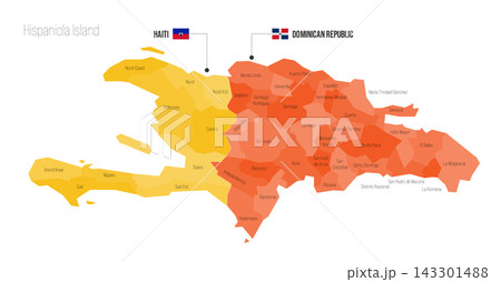 Hispaniola Island regional political map. Administrative divisions of Haiti, Dominican Republic Vector map isolated on white background with flags and country name labels. Hispaniola Island regional political map. Administrative divisions of Haiti, Dominican Republic Vector map isolated on white background with flags and country name labels. 143301488