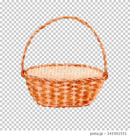 Hand drawn watercolor wicker basket with braided handle and floral fabric liner. Pastel woven hamper isolated object Hand drawn watercolor wicker basket with braided handle and floral fabric liner. Pastel woven hamper isolated object 143301551