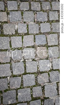 Cobblestone pavement with gray stones and green moss growing between the gaps, creating a textured surface in an outdoor setting 143301692