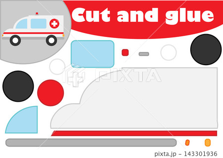 Ambulance in cartoon style, education game for the development of preschool children, use scissors and glue to create the applique, cut parts of the image and glue on the paper, vector illustration Ambulance in cartoon style, education game for the development of preschool children, use scissors and glue to create the applique, cut parts of the image and glue on the paper, vector illustration 143301936