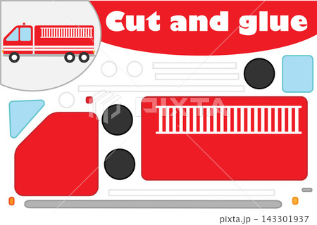 Fire truck in cartoon style, education game for the development of preschool children, use scissors and glue to create the applique, cut parts of the image and glue on the paper, vector illustration Fire truck in cartoon style, education game for the development of preschool children, use scissors and glue to create the applique, cut parts of the image and glue on the paper, vector illustration 143301937