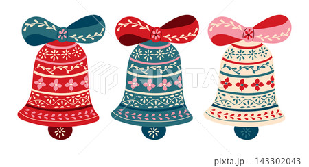 Decorative Scandinavian Christmas ornaments featuring three colorful bells with bows, intricate patterns, and floral designs, ideal for festive holiday decor Decorative Scandinavian Christmas ornaments featuring three colorful bells with bows, intricate patterns, and floral designs, ideal for festive holiday decor 143302043