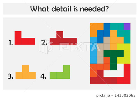 Puzzle game with colorful details for children, choose needed detail, easy level, education game for kids, preschool worksheet activity, task for development of logical thinking, vector illustration Puzzle game with colorful details for children, choose needed detail, easy level, education game for kids, preschool worksheet activity, task for development of logical thinking, vector illustration 143302065