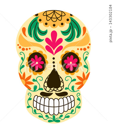 Colorful sugar skull illustration with floral designs and intricate patterns, representing traditional Mexican Day of the Dead celebrations and cultural significance 143302184