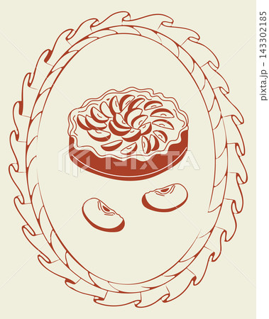 Illustration of a decorative pie with floral design surrounded by two almonds on a light background, framed by a braided border in a vintage style Illustration of a decorative pie with floral design surrounded by two almonds on a light background, framed by a braided border in a vintage style 143302185