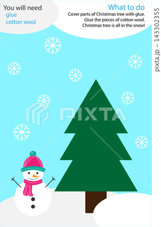 Christmas winter craft activity, snow and tree, education game for development of preschool children, use glue and cotton wool to create the applique, art worksheet for kids, vector illustration 143302355