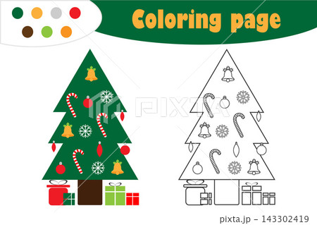 Xmas tree in cartoon style, christmas coloring page, education paper game for the development of children, kids preschool activity, printable worksheet, vector illustration Xmas tree in cartoon style, christmas coloring page, education paper game for the development of children, kids preschool activity, printable worksheet, vector illustration 143302419