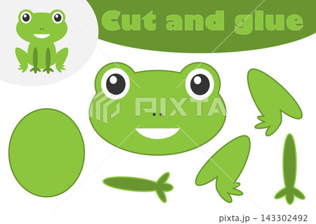 Frog in cartoon style, education game for the development of preschool children, use scissors and glue to create the applique, cut parts of the image and glue on the paper, vector illustration 143302492