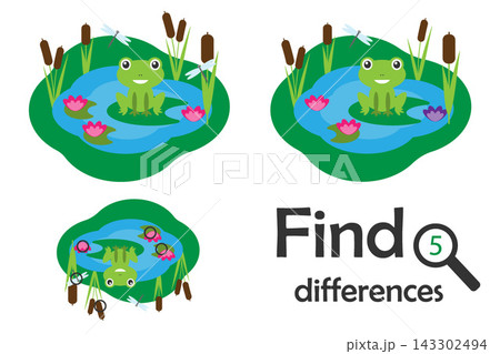 Find 5 differences, game for children, pond with frog in cartoon style, education game for kids, preschool worksheet activity, task for the development of logical thinking, vector illustration 143302494